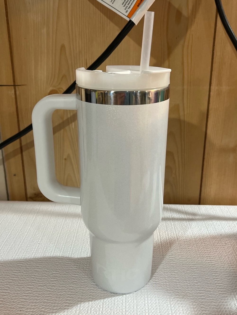 White Insulated Travel Mug with Handle and Straw